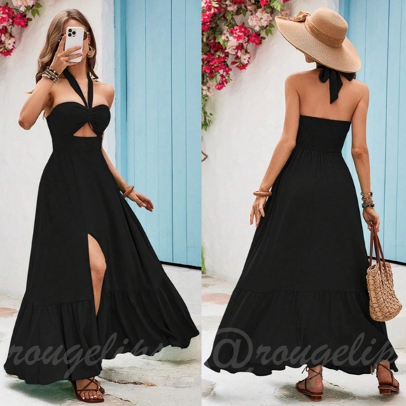 Black Maxi Dress Leg Slit Halter Neck Ties Cut Out - Picture 1 of 8